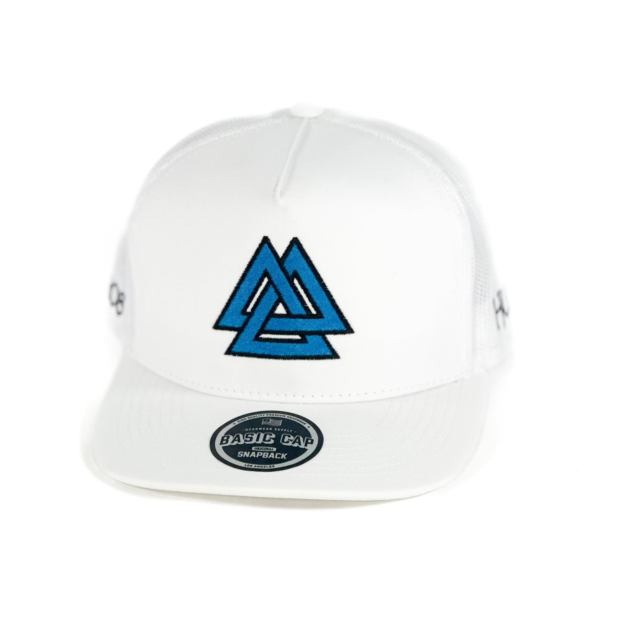 White mesh cap with blue cuadra piedreros triangle logo