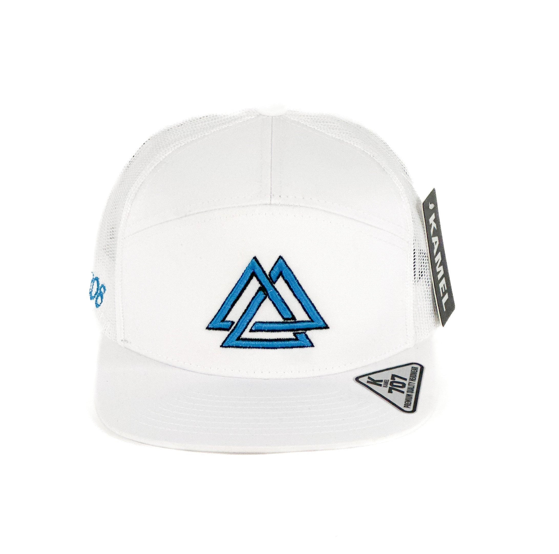 White mesh cap with blue triangle logo 