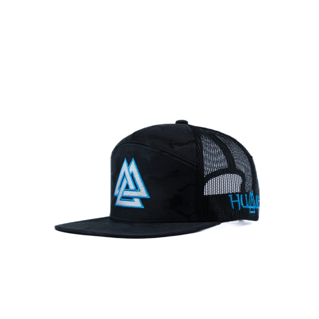 Black camo cap with white and blue logo