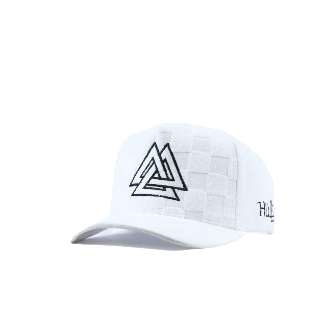 White checkered cap with white and black logo