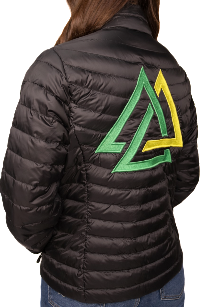 Black puffer jacket with piedreros logo