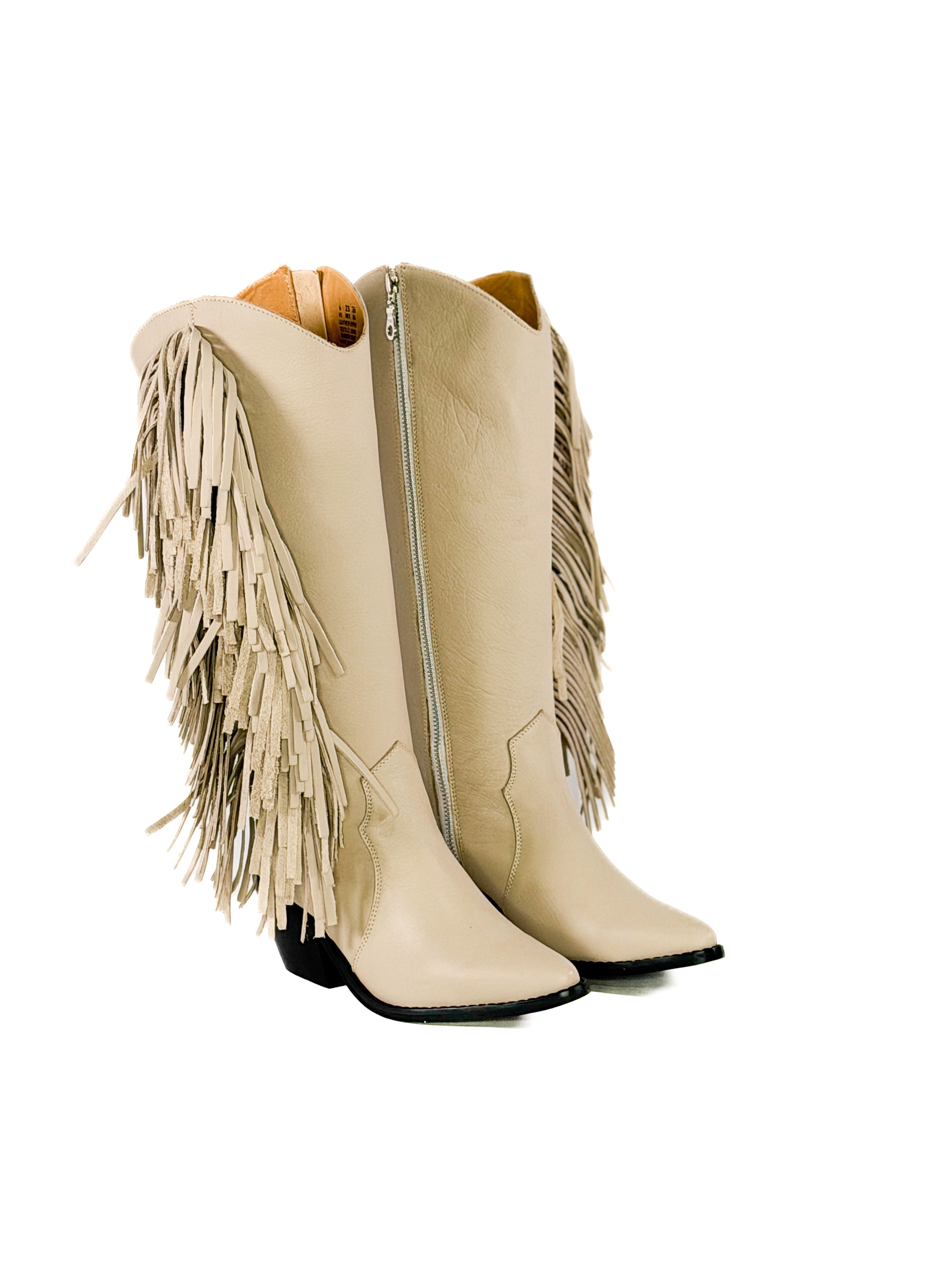 beige fringe zipper leather cowgirl boots