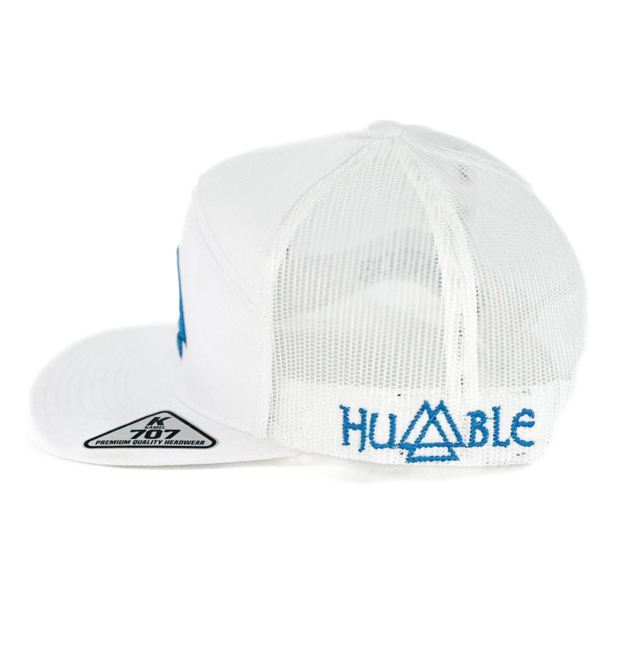 White mesh cap with blue triangle logo 