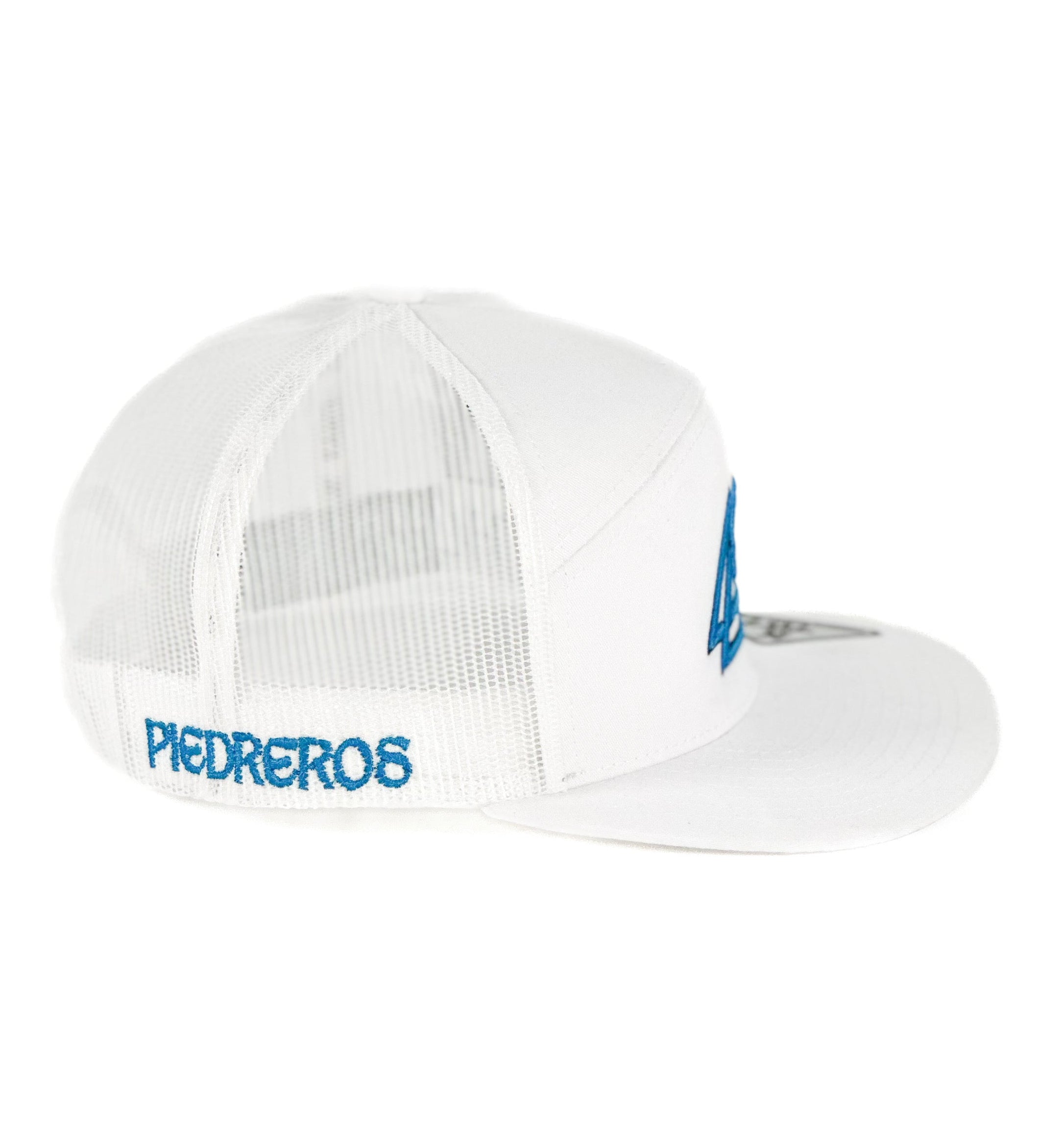 Side of a white mesh cap with blue triangle logo 
